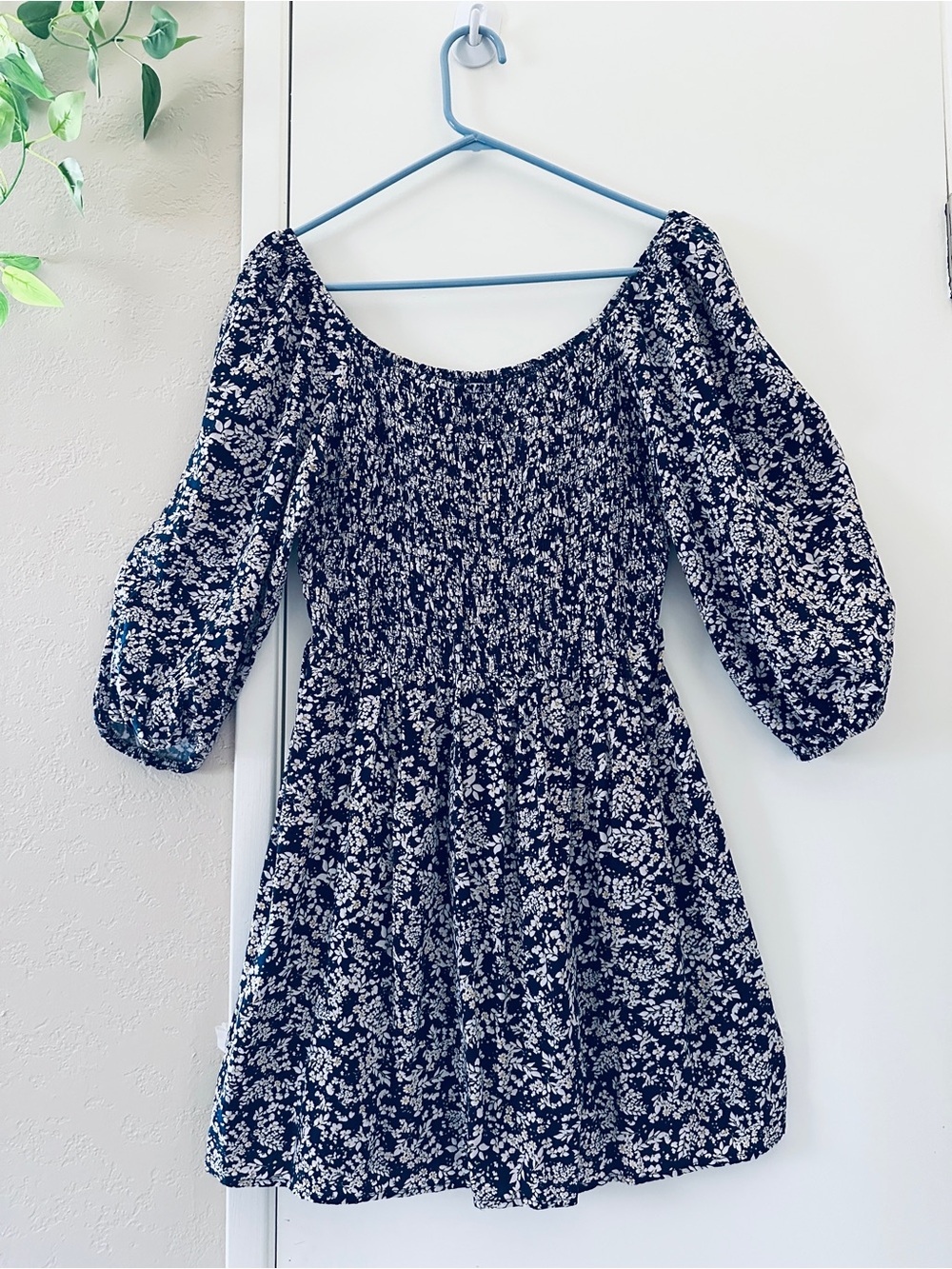 AUW Floral Smocked MinDress Large- 3/4 Puff Sleeves Dark Blue White & Yellow
